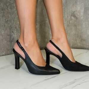 Vintage Versani Italy Black Leather Slingback Heels 7.5B Pointed Toe Dress Pumps